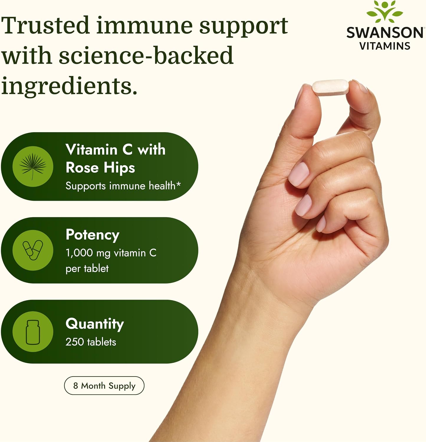 Swanson Vitamina C 1000 mg con Escaramujo, Liberación Prolongada, 250 Comprimidos