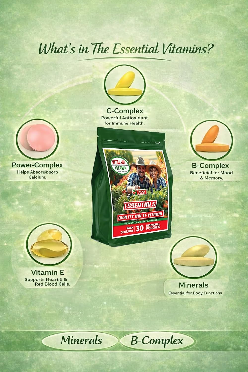 VITAL 4U Vitamin Essentials Multivitamínico Diario para Hombres y Mujeres, 30 Sobres