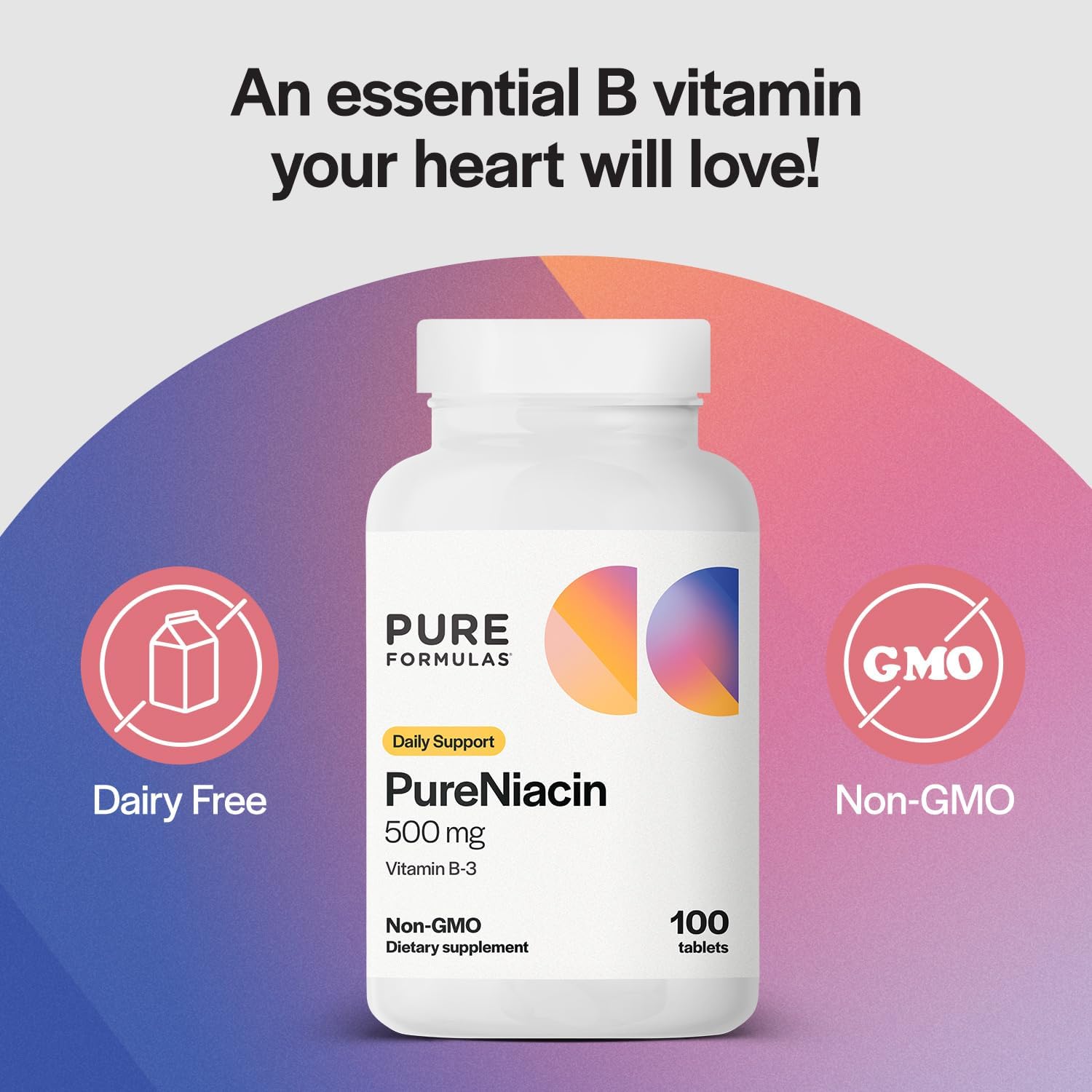 PureFormulas Pure Niacin - Vitamina B3, 500 mg Liberación Inmediata - Ácido Nicotínico - 100 Comprimidos - No OGM