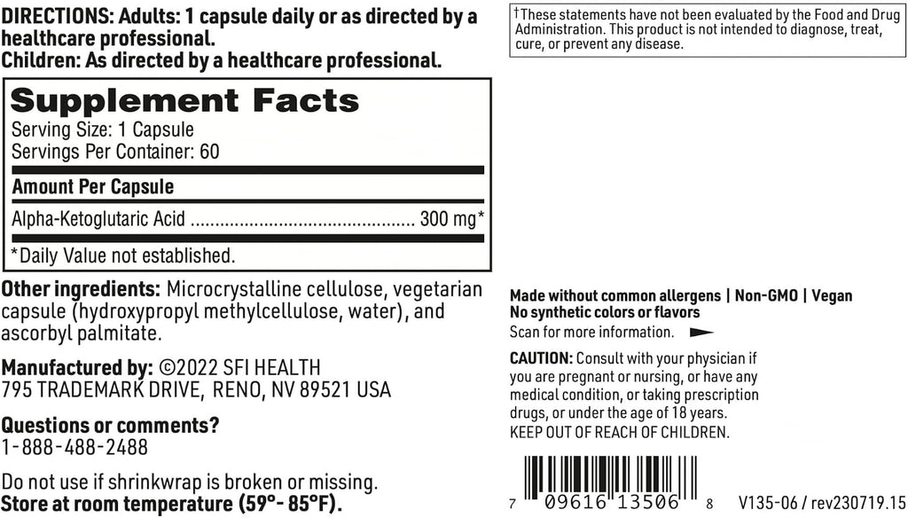 Klaire Labs SFI Health Ácido Alfa-Cetoglutárico - 300 mg AKG, 60 Cápsulas Vegetales