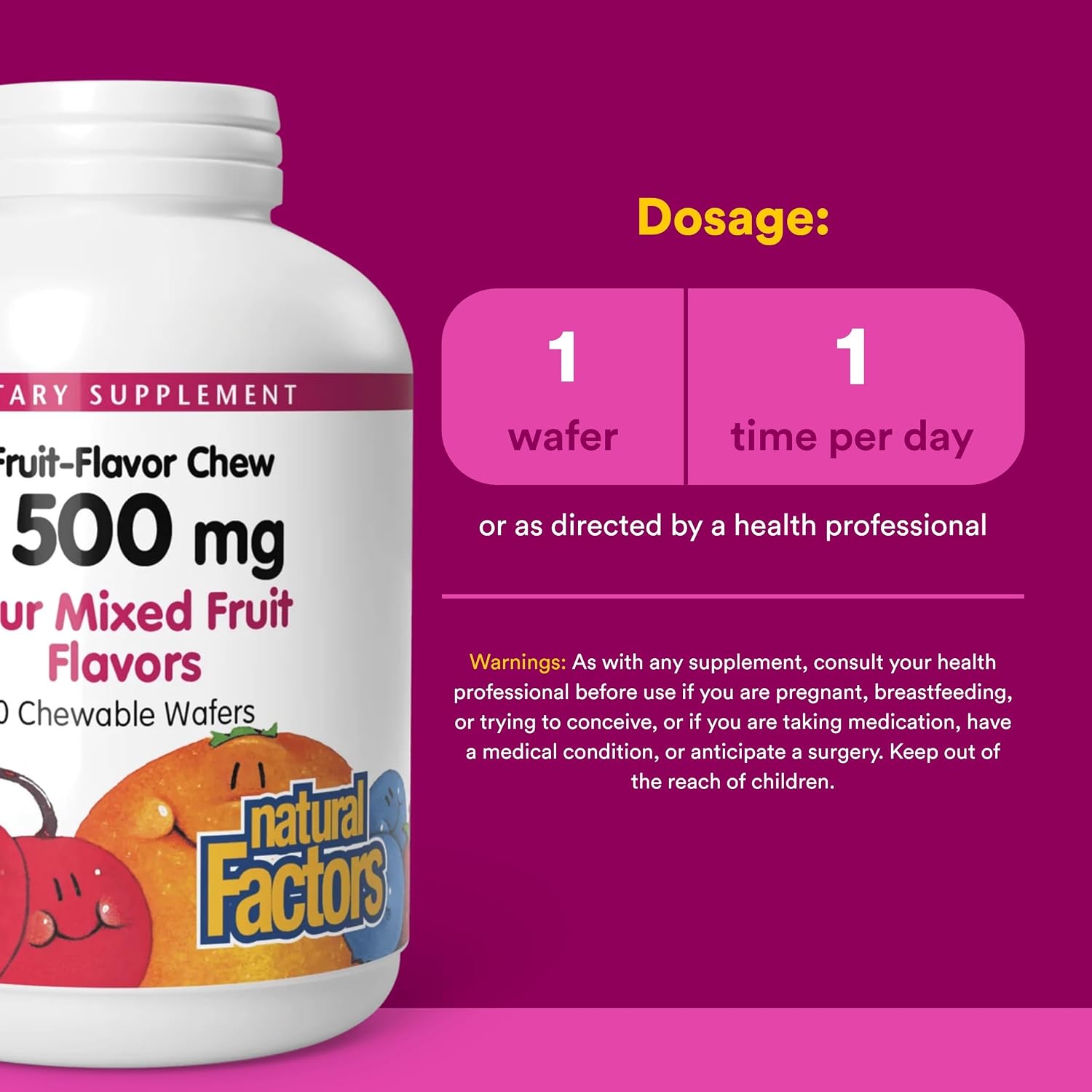 Natural Factors, Vitamina C 500 mg Masticable para Niños, Sabor Fruta, 90 Wafers