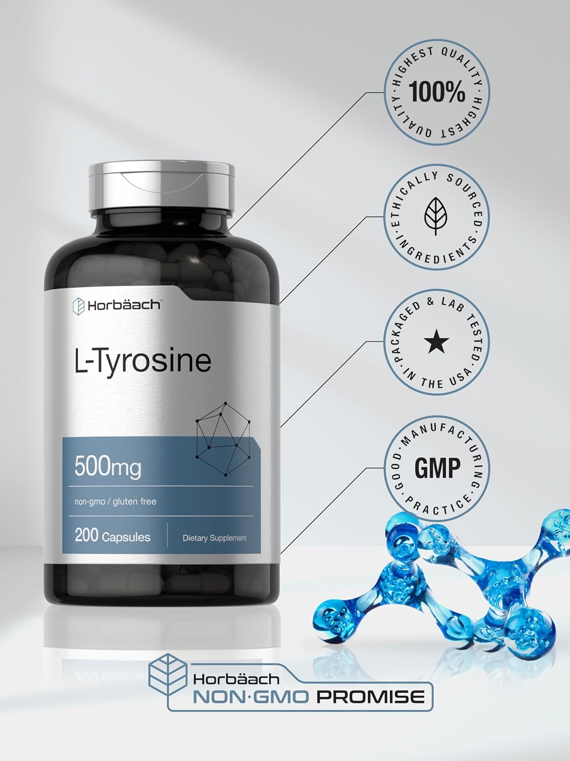 Horbaach L-Tirosina 500 mg | 200 Cápsulas | Suplemento de Aminoácido No OGM y Sin Gluten