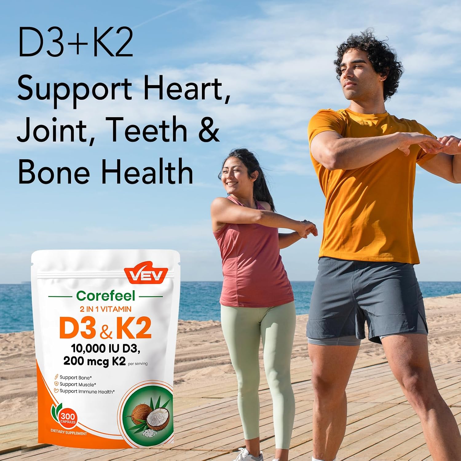 VEV Corefeel Vitamina D3 K2, 10.000 UI D3, 200 mcg K2 (con MK-7), Apoya la Salud de Huesos y Dientes, 300 Cápsulas