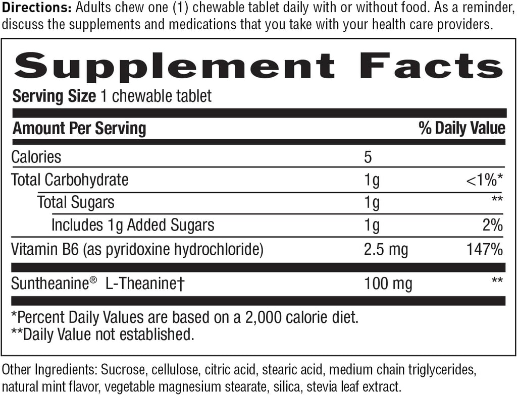 Country Life L-Teanina de Acción Rápida 100 mg, 60 Tabletas Masticables, Sabor a Menta, Certificado Sin Gluten, Vegano