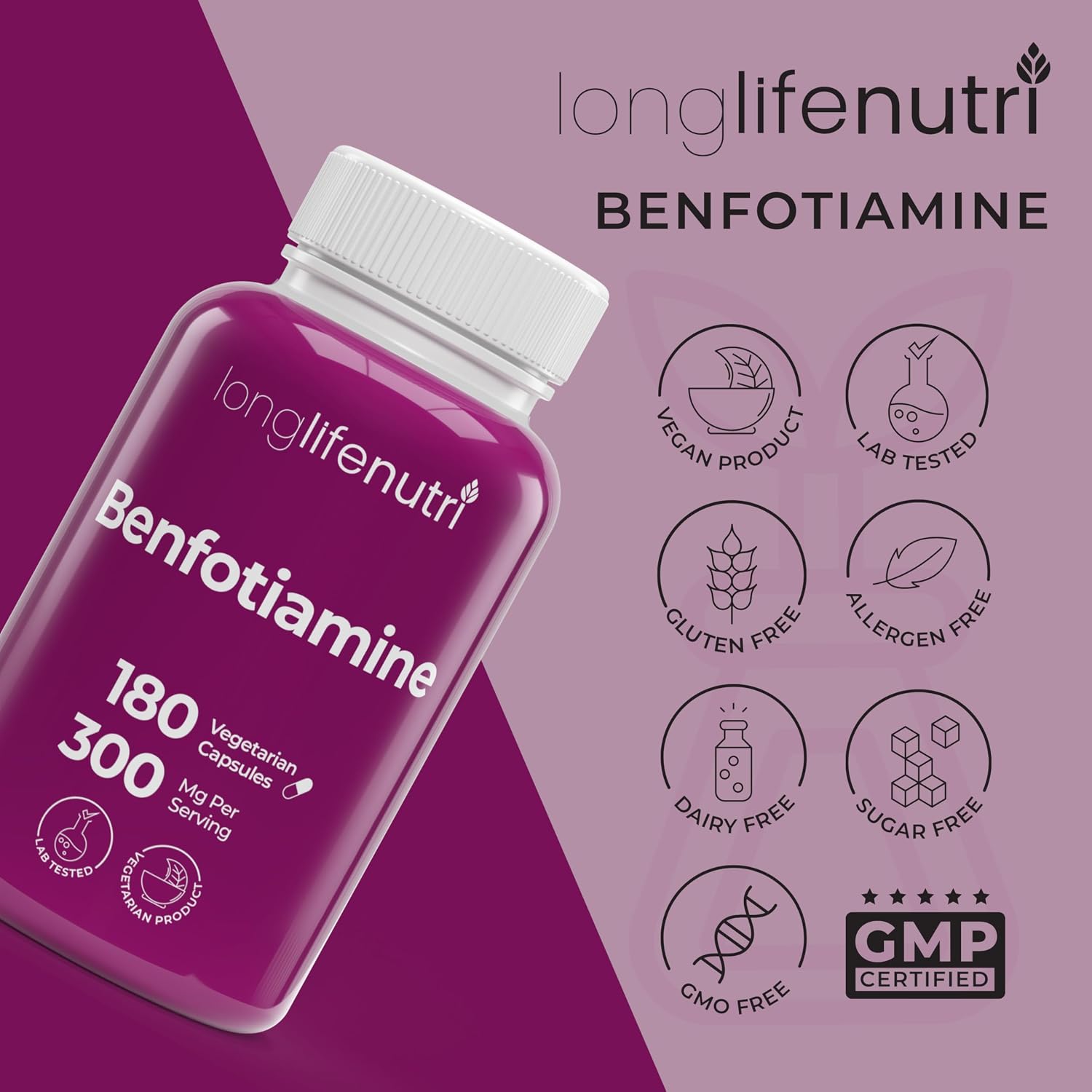 LongLifeNutri Benfotiamina 300mg – 180 Cápsulas Vegetarianas – Suministro para 6 Meses