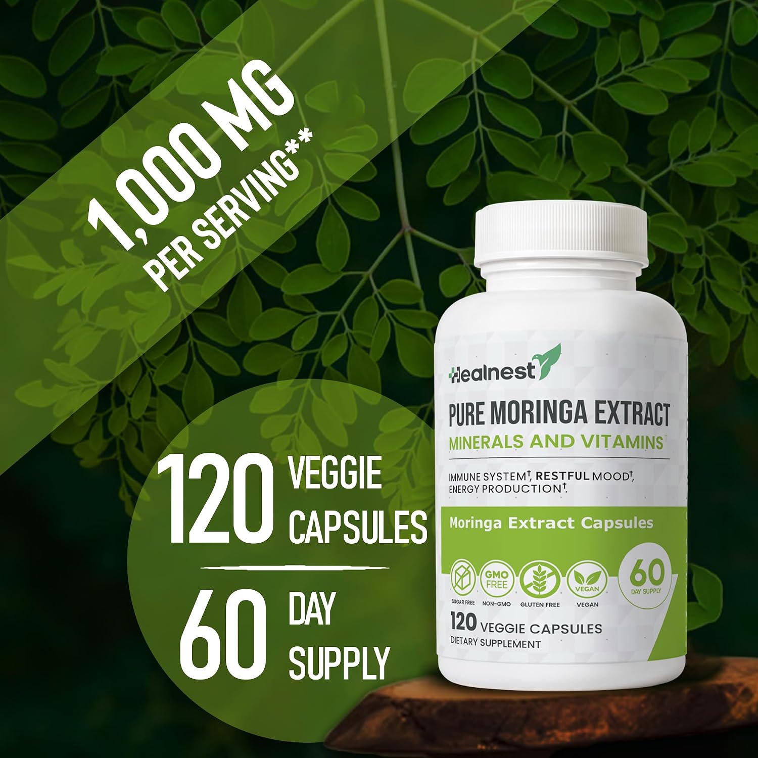 Extracto de Moringa 20:1 (20 000 mg) - Fórmula Potente - Suplemento Vegano con Vitaminas y Minerales - 120 Cápsulas - No Transgénico, Sin Gluten