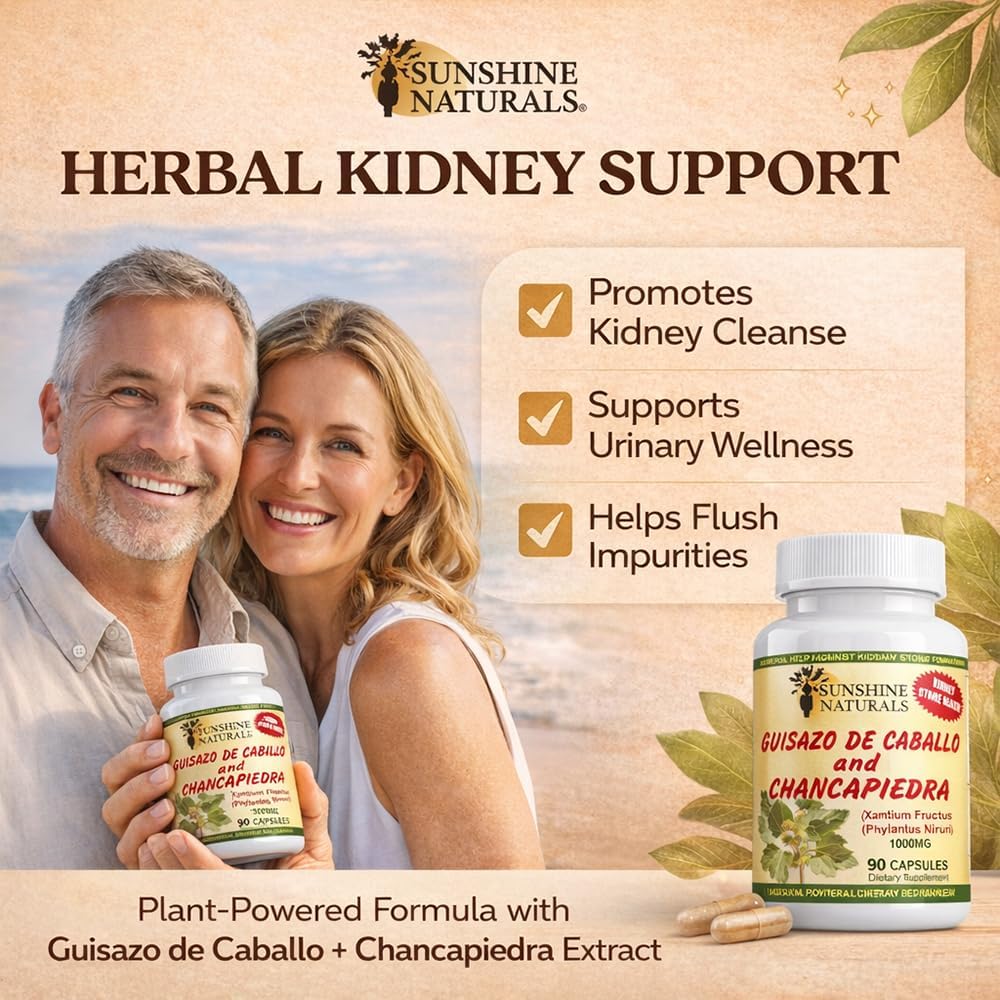 Sunshine Naturals Chanca Piedra con Guisazo de Caballo, Hierba Rompepiedras Tradicional, Suplemento para el Apoyo Renal y del Tracto Urinario, 1000 mg Mezcla Propietaria, 90 Cápsulas. Paquete de 5