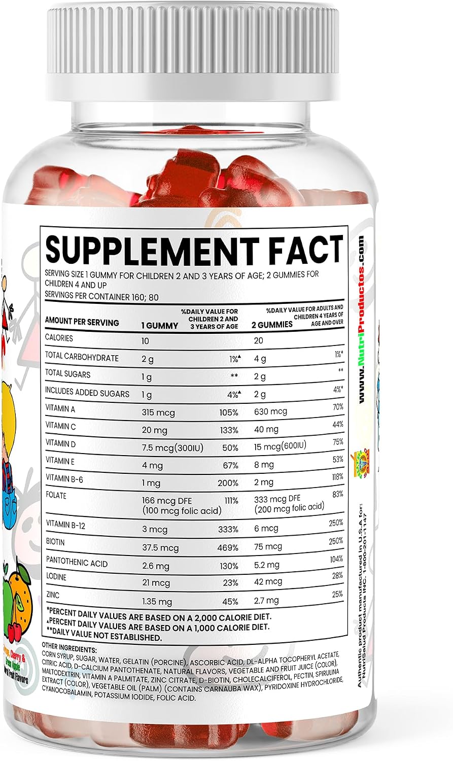 Children's Multivitamin Gummies - 160 Gummies, Natural Fruit Flavors - Nutrisalud