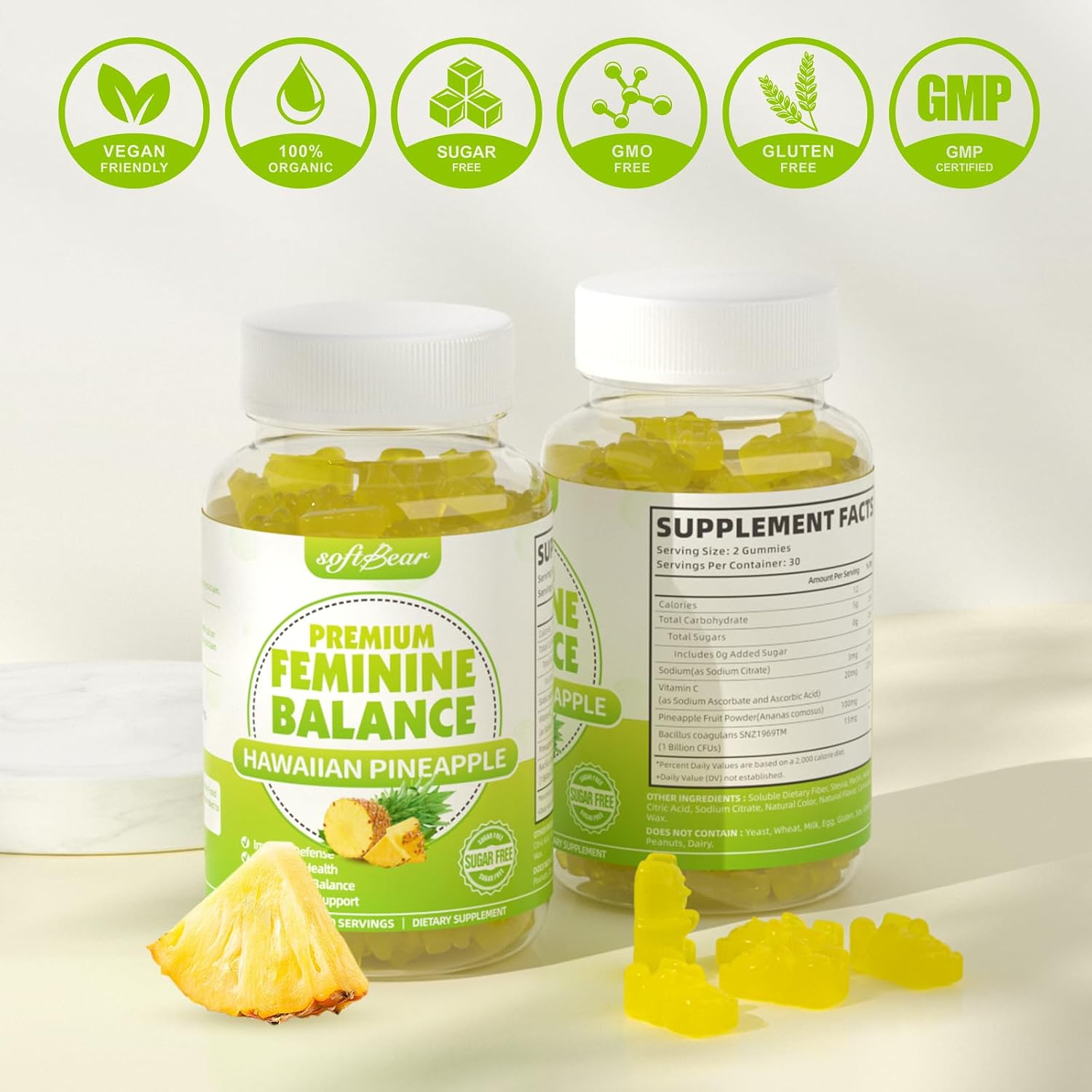 Softbear Gominolas Premium para el Equilibrio Femenino - Sabor Piña - 60 uds