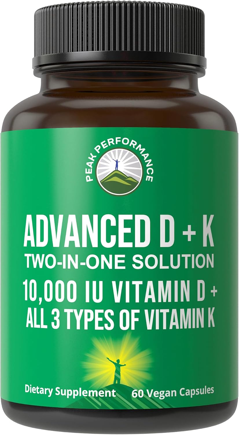 Peak Performance Advanced Vitamin D 10000 IU con los 3 Tipos de Vitamina K - D3 y K2 (MK-7, MK4), K1 - 60 Cápsulas