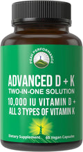 Peak Performance Advanced Vitamin D 10000 IU con los 3 Tipos de Vitamina K - D3 y K2 (MK-7, MK4), K1 - 60 Cápsulas