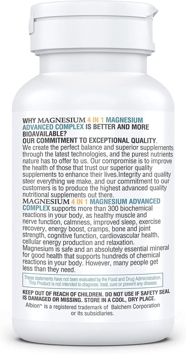 Kappa Nutrition Magnesio 4-en-1, 280mg Magnesio Elemental (Bisglicinato, Malato) + Zinc y Vitamina D3, 120 Cápsulas Veganas