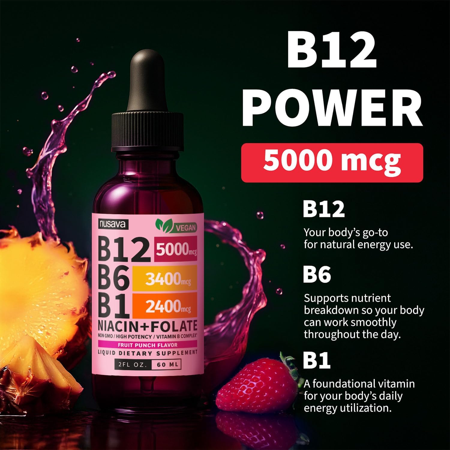 NUSAVA (Pack de 2) Gotas Líquidas de Vitamina B12 5000mcg - B12 Sublingual con B6 y Complejo B - Gotas de Metilcobalamina B12 para Mujeres y Hombres - Suplemento Vegano, No Transgénico, Sabor a Frutas (59 ml, 80 Porciones)