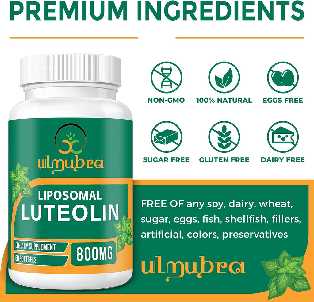Ulmubra 800 mg Luteolina Liposomal - Suplemento Antioxidante de Alta Absorción, 60 Perlas