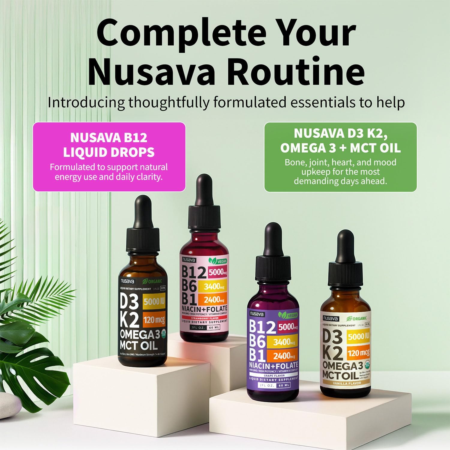 NUSAVA (Pack de 2) Gotas Líquidas de Vitamina B12 5000mcg - B12 Sublingual con B6 y Complejo B - Gotas de Metilcobalamina B12 para Mujeres y Hombres - Suplemento Vegano, No Transgénico, Sabor a Frutas (59 ml, 80 Porciones)