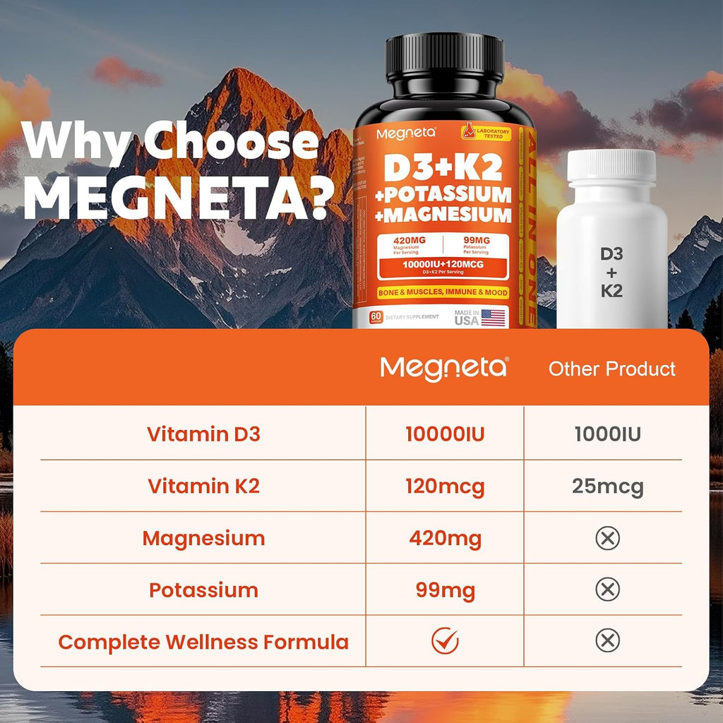 Vitamina D3 K2 (MK-7) 10.000 UI con Magnesio Glicinato y Potasio - Complejo Sistémico para Huesos, Músculos, Corazón e Inmunidad - Alta Absorción, 60 Cápsulas