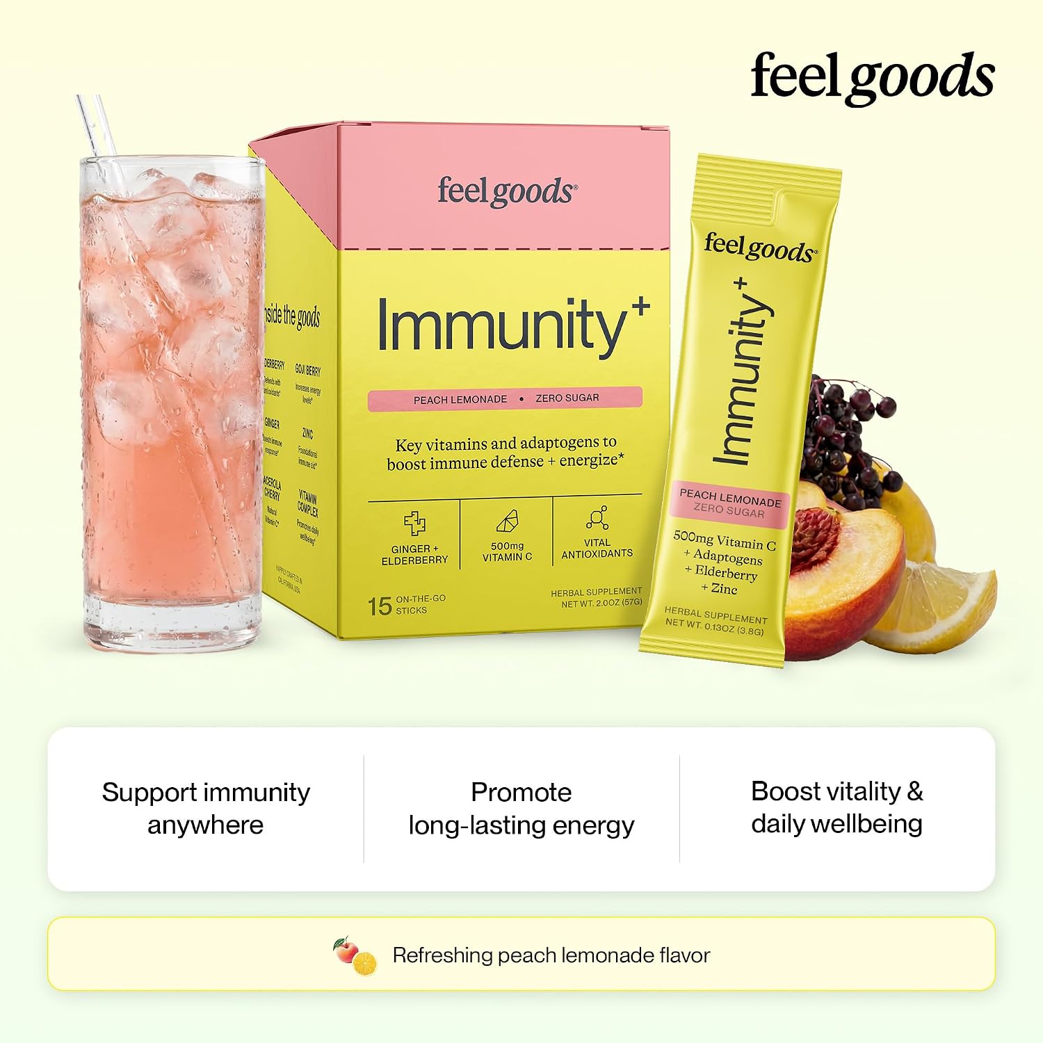 Feel Goods Immunity+ - Mezcla de apoyo inmunológico con vitamina C, hierbas orgánicas y adaptógenos - 15 sobres sabor Limonada de Melocotón