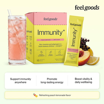 Feel Goods Immunity+ - Mezcla de apoyo inmunológico con vitamina C, hierbas orgánicas y adaptógenos - 15 sobres sabor – Image 2