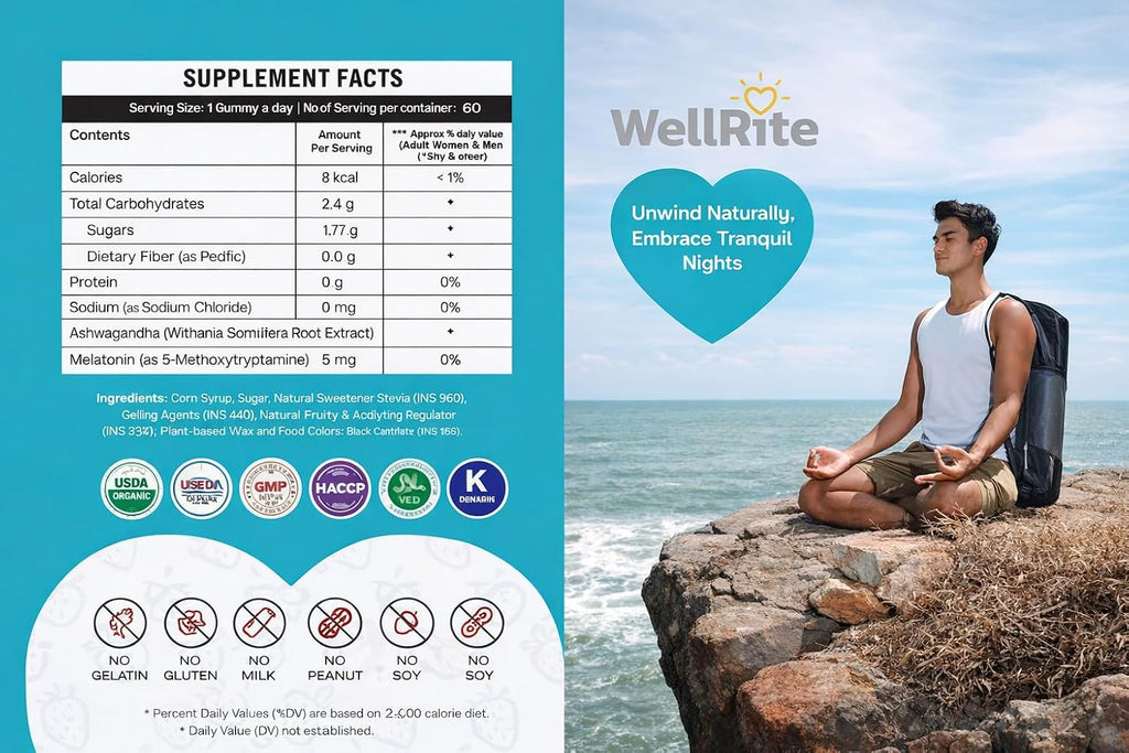 Wellrite Relax Gummy Vitamins con Ashwagandha y Melatonina – 60 Gominolas sabor fresa, veganas, sin gelatina, sin gluten, sin frutos secos