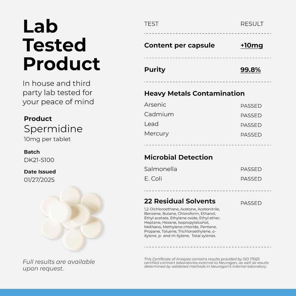 Neurogan Spermidine Supplement - 1200mg - 99% Pureza - 10mg por Porción - 120 Cápsulas