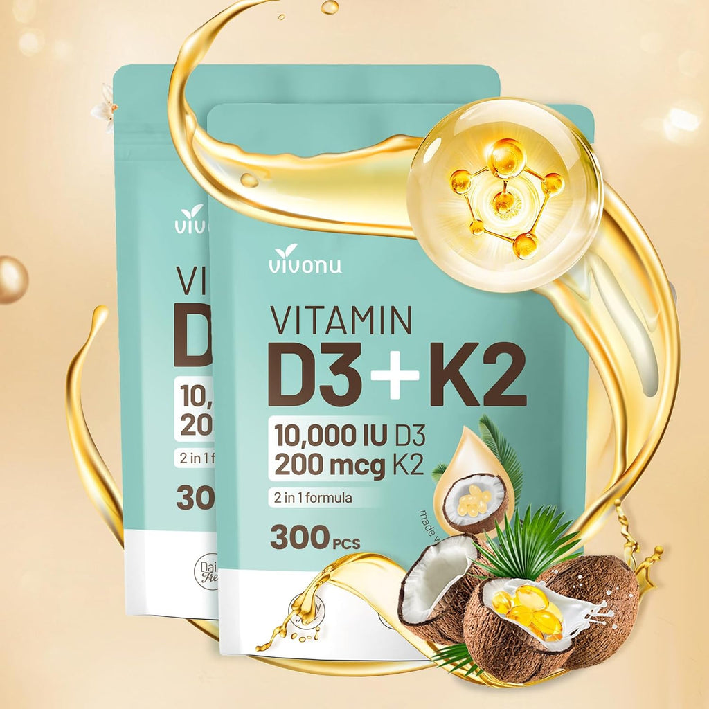 VivoNu Vitamina D3 K2 10000 UI con MK7 y Aceite de Coco Virgen - 600 Cápsulas Blandas (2 Paquetes de 300)