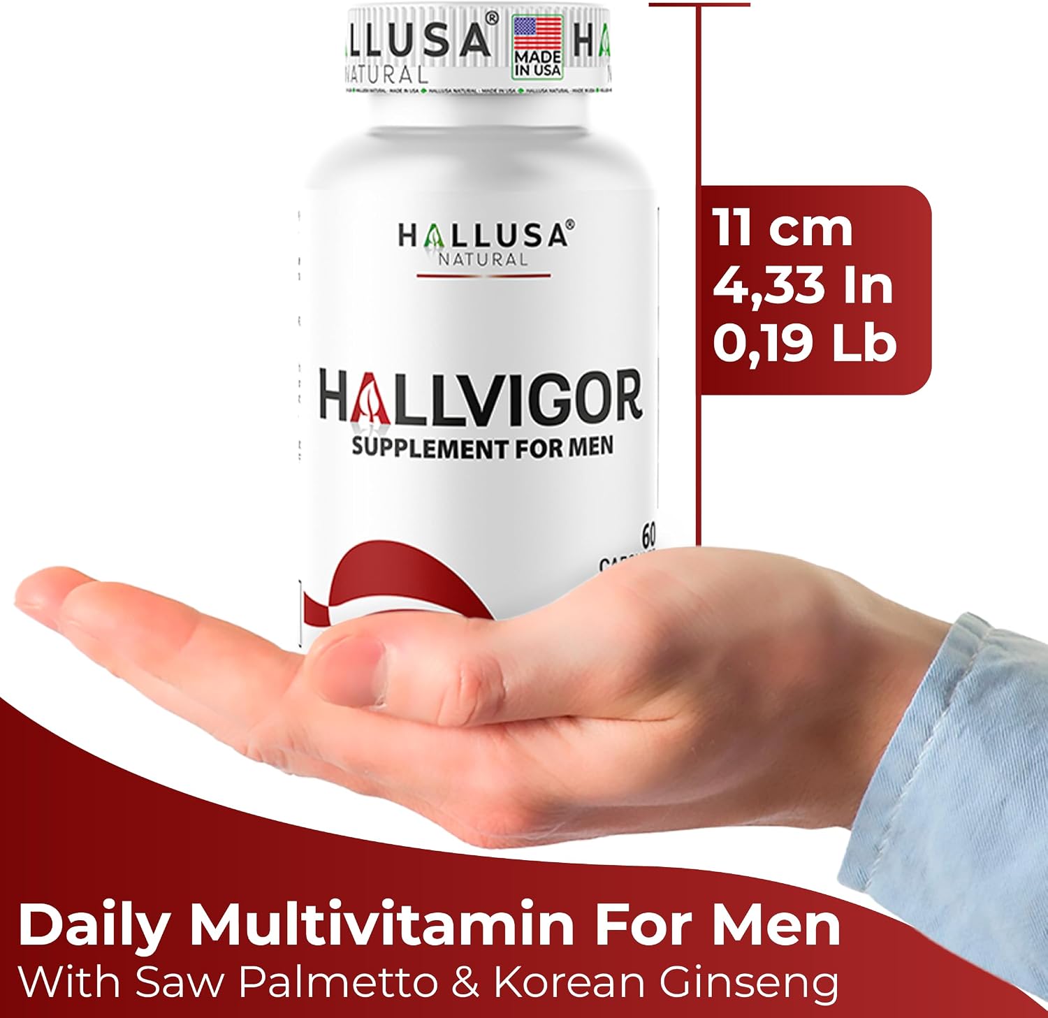 Hallusa Natural HALLVIGOR Multivitamínico Diario para Hombres – Ginseng Coreano, Damiana, Saw Palmetto, Biotina, Complejo B, Zinc, Jalea Real – 60 Cápsulas