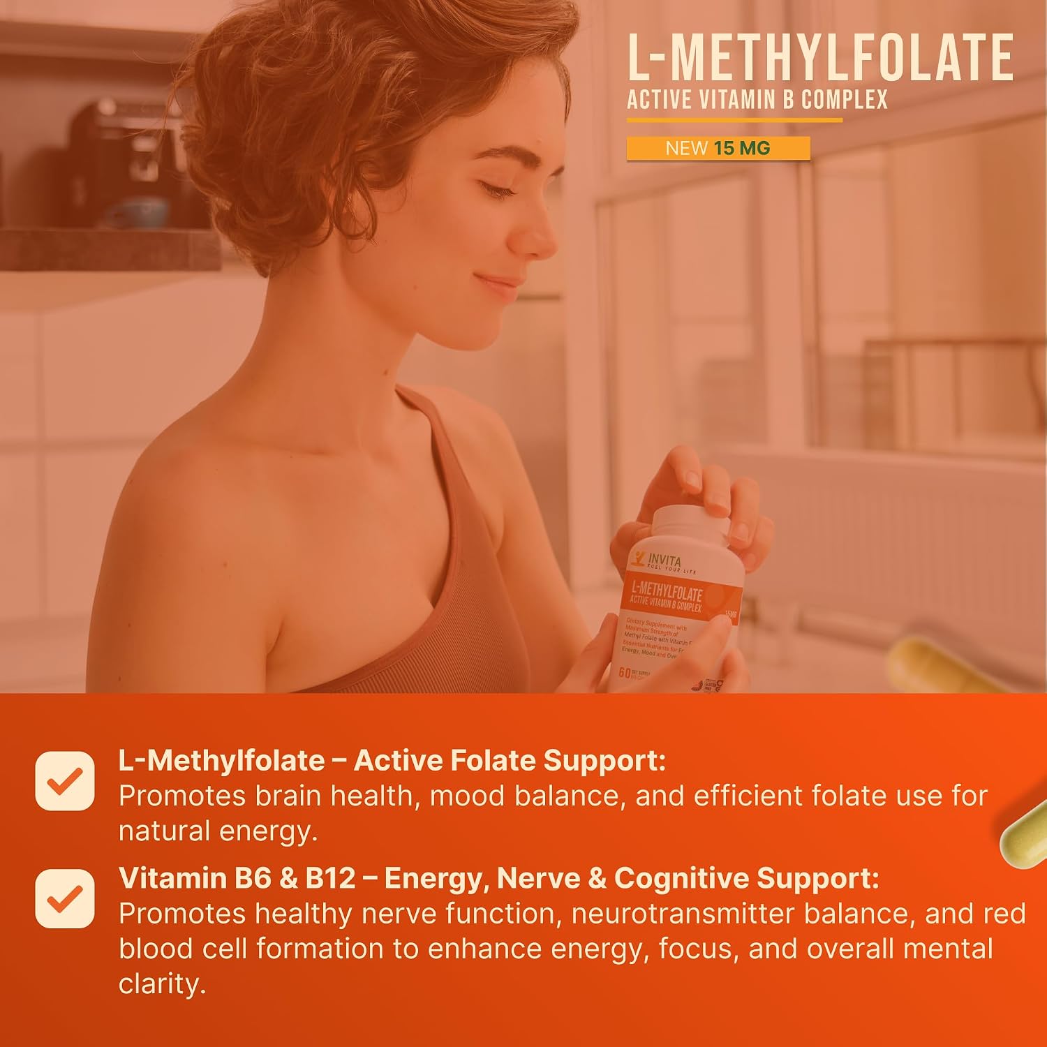 INVITA L-Metilfolato 15mg + Complejo B Activo – 60 Cápsulas – Suplemento con B6 y B12 Metilcobalamina