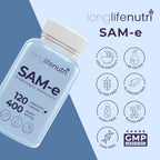 LongLifeNutri SAM-e 400 mg – 120 Cápsulas Vegetales, S-Adenosilmetionina Metilada para la Movilidad Articular, Suministro de 2 Meses, Sin Rellenos, Certificado GMP, Fabricado en EE. UU.