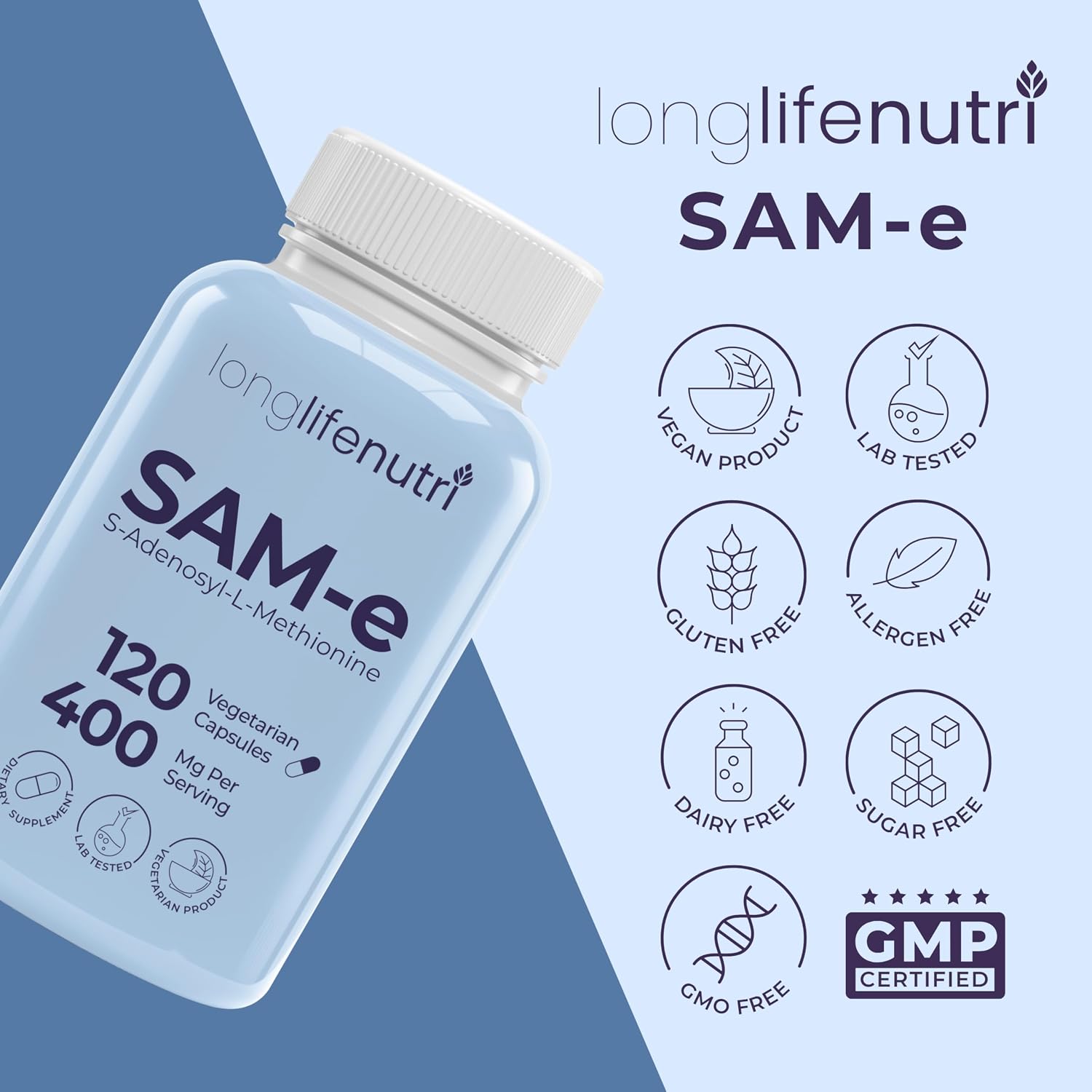 LongLifeNutri SAM-e 400 mg – 120 Cápsulas Vegetales, S-Adenosilmetionina Metilada para la Movilidad Articular, Suministro de 2 Meses, Sin Rellenos, Certificado GMP, Fabricado en EE. UU.
