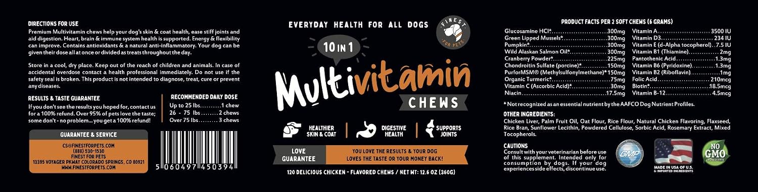 Multivitamínico para Perros 10 en 1 con Omega Fish Oil y Glucosamina – 120 Masticables