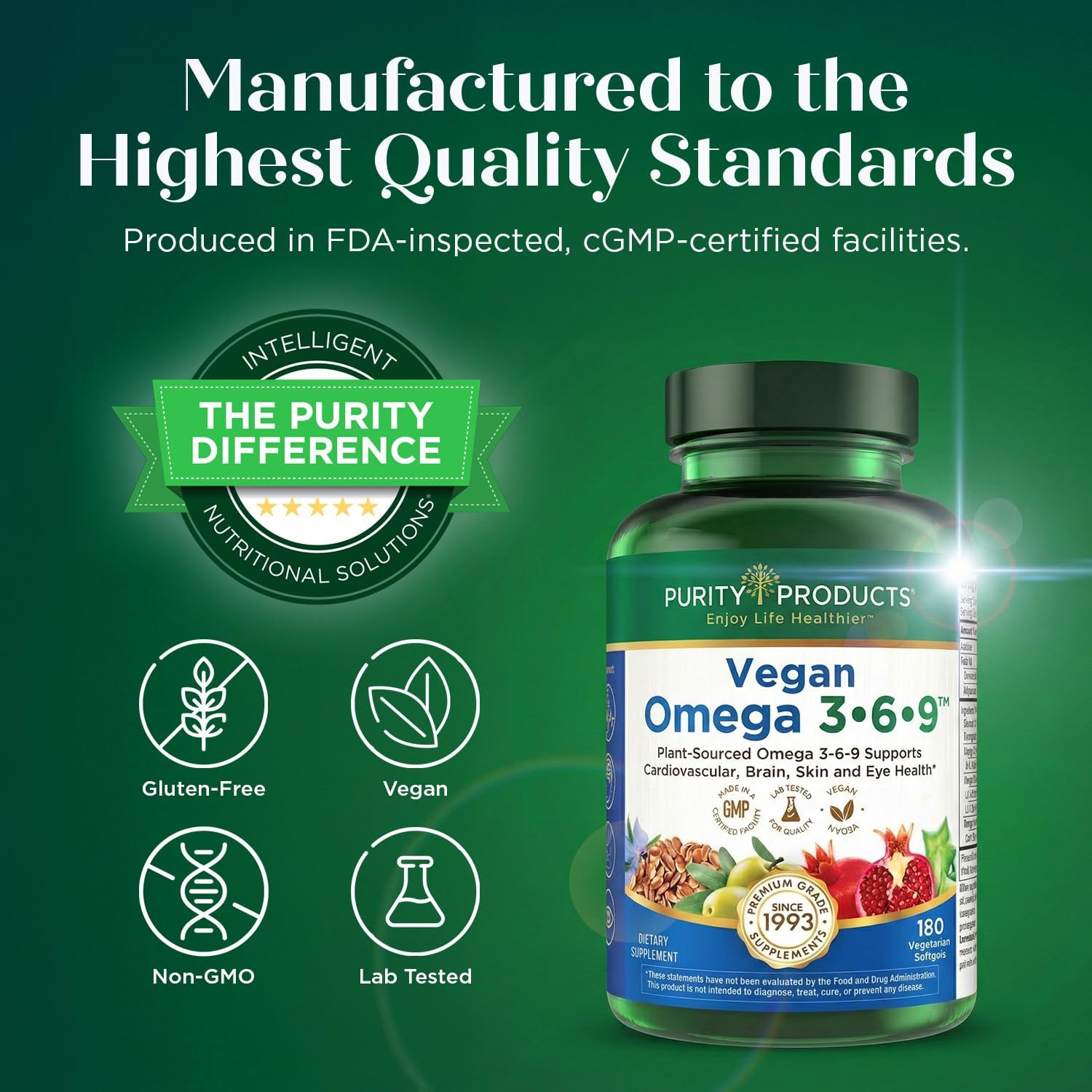 Purity Products Vegan Omega 3-6-9 Fórmula - Complejo de Ácidos Grasos Esenciales 5 en 1 - 180 Cápsulas Blandas