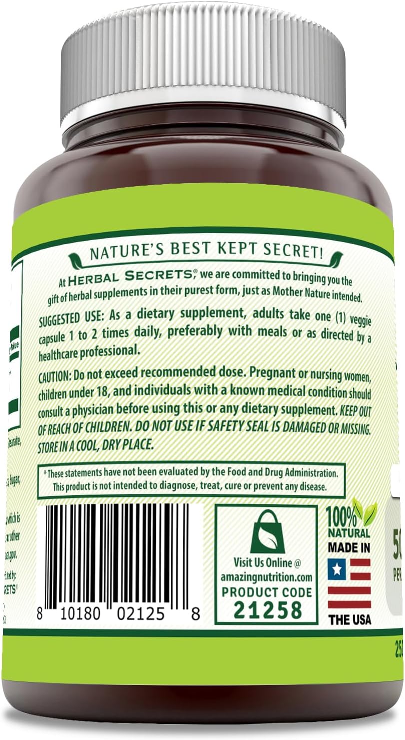 Herbal Secrets Maca 500mg 250 Cápsulas Vegetales | No-GMO | Sin Gluten | Fabricado en USA | Apto para Vegetarianos