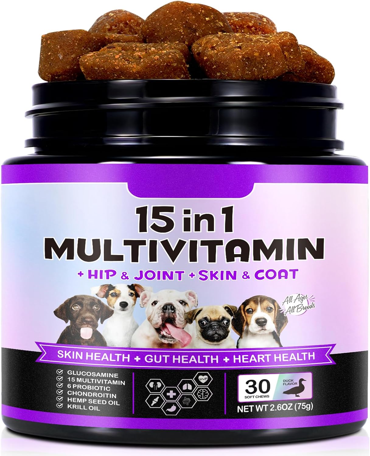 IKZEE Multivitamínico Masticable para Perros 15 en 1 – Suplemento Diario con Glucosamina y Probióticos, Sabor a Pato, 150 Comprimidos