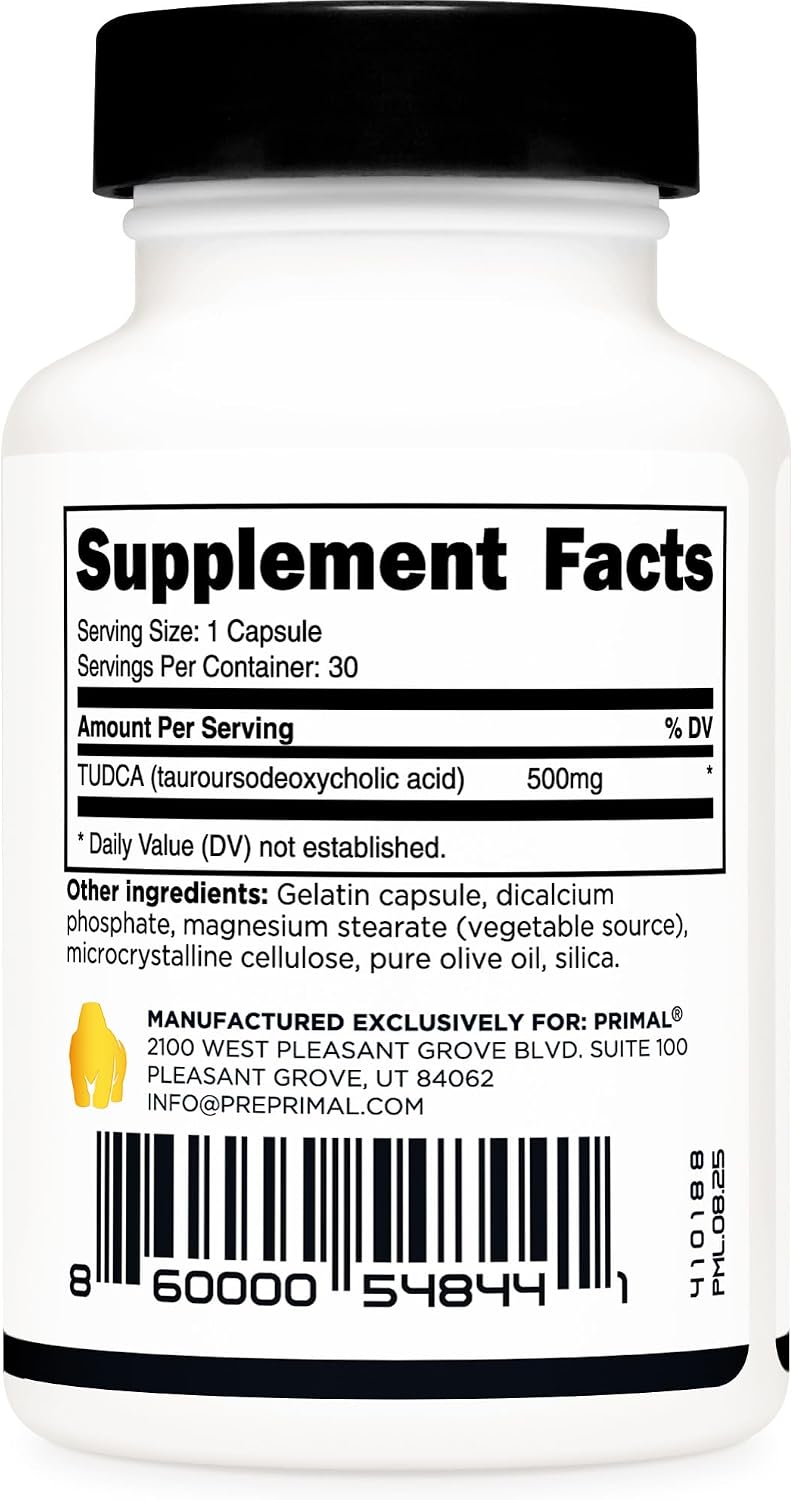 Primal TUDCA 500 mg - 30 Cápsulas - Suplemento de Ácido Taurodesoxicólico - Sin Gluten, No Transgénico