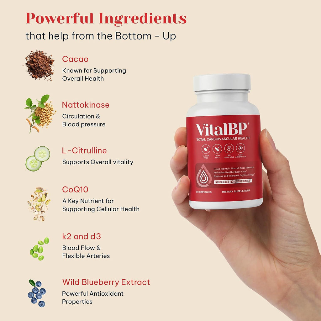 VitalBP - 2 Pack - Apoyo para la presión arterial normal - Favorece el flujo sanguíneo y las arterias - con CoQ10, L-Citrulina, K2 y D3 - 60 Cápsulas