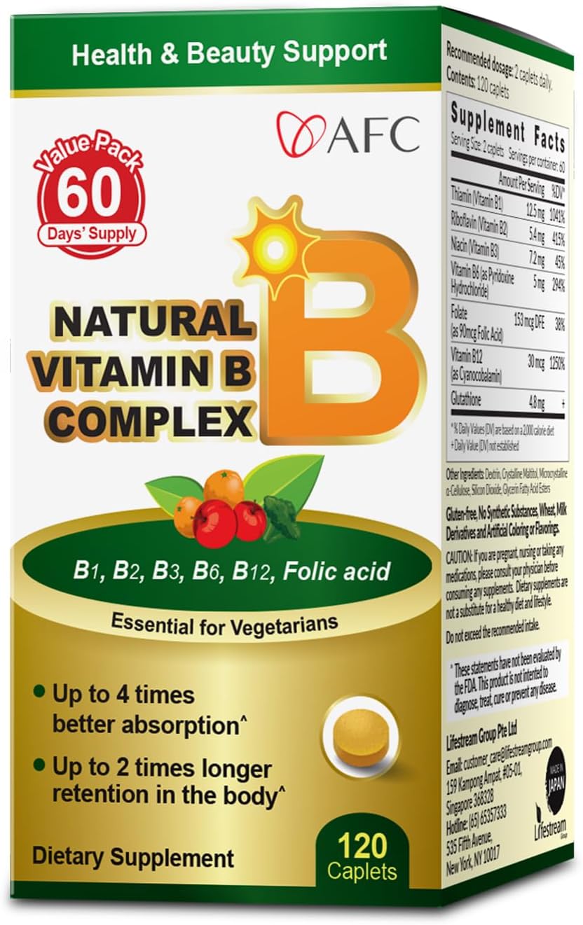 AFC Japan Complejo B Natural con Vitaminas B1, B2, B3, B6, B12, Ácido Fólico y Glutatión - 120 Comprimidos Veganos
