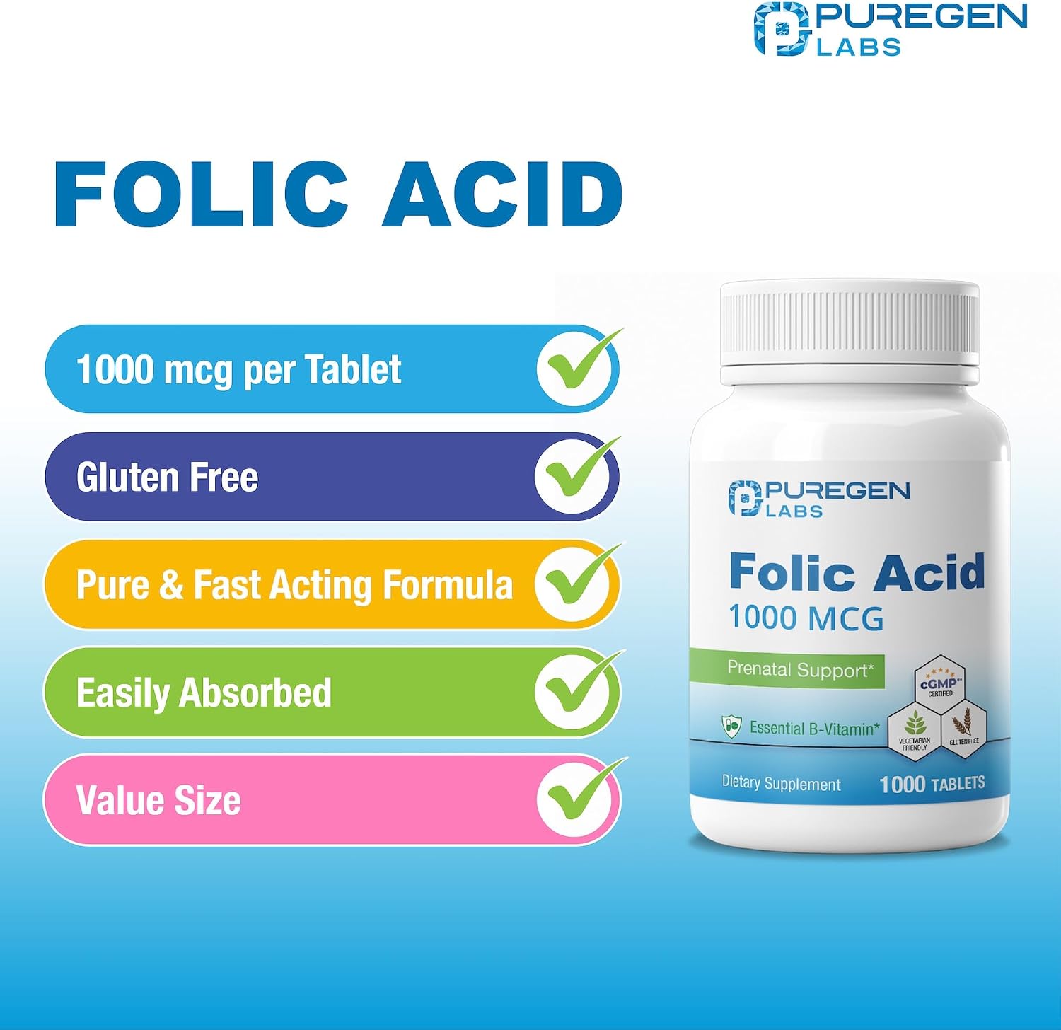 Puregen Labs Ácido Fólico 1000 mcg Comprimidos | Vitamina B9 | No GMO | Sin Gluten | Tamaño Económico 1000 Comprimidos