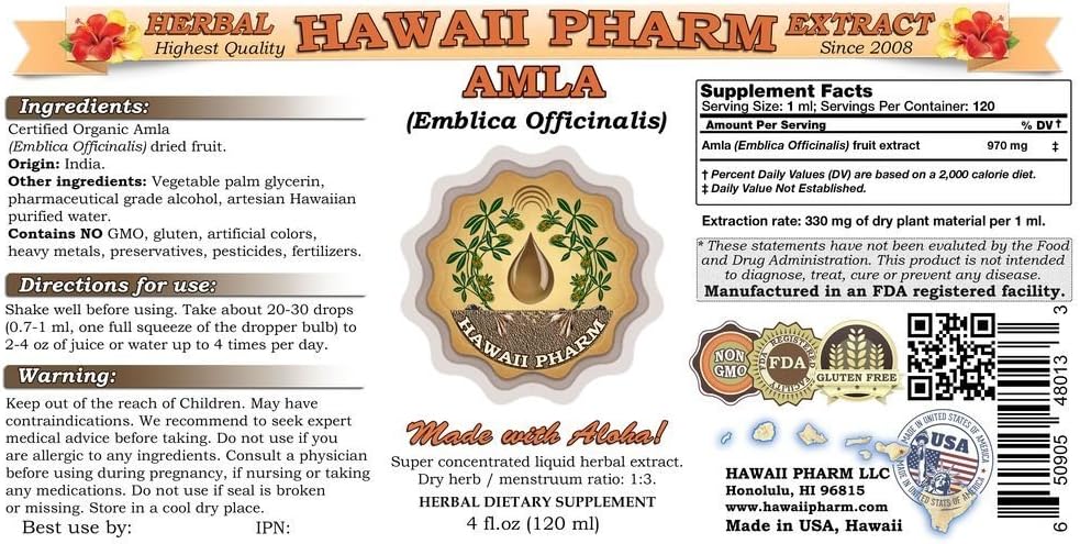 Extracto Líquido de Amla de Hawaii Pharm (Emblica Officinalis) - Tintura 2x32 oz Sin Filtrar