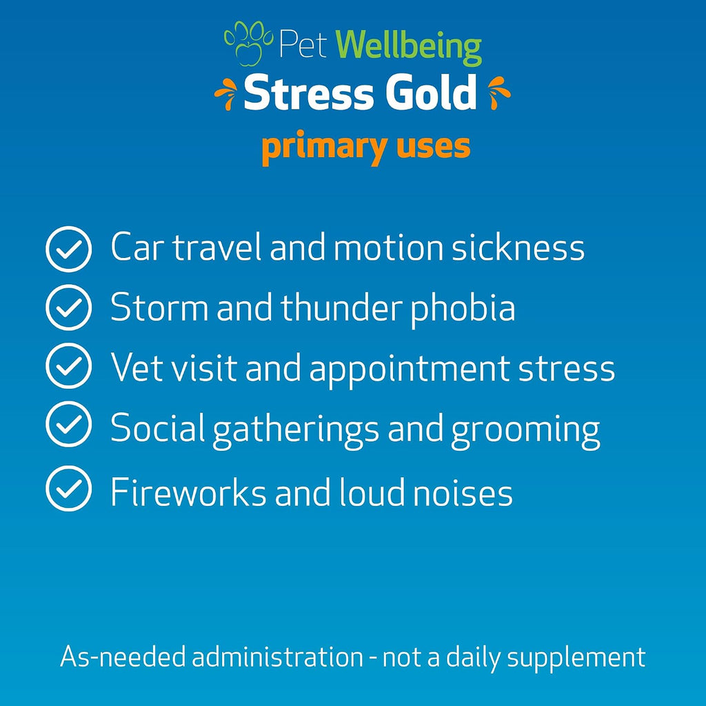 Pet Wellbeing Stress Gold para Perros - Fórmula Líquida Holística para el Estrés Situacional (60 ml)