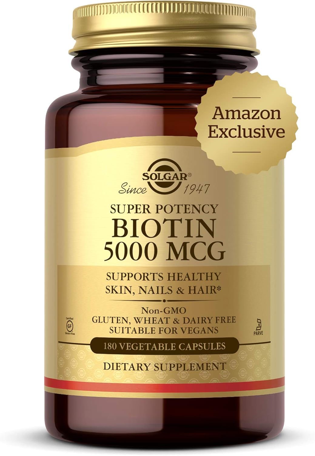 Solgar Biotin 5000 mcg - 180 Cápsulas - Alta Potencia - Con Eyebright, Ginkgo, NAC, Taurina, Carotenoides - Sin Gluten, Vegano