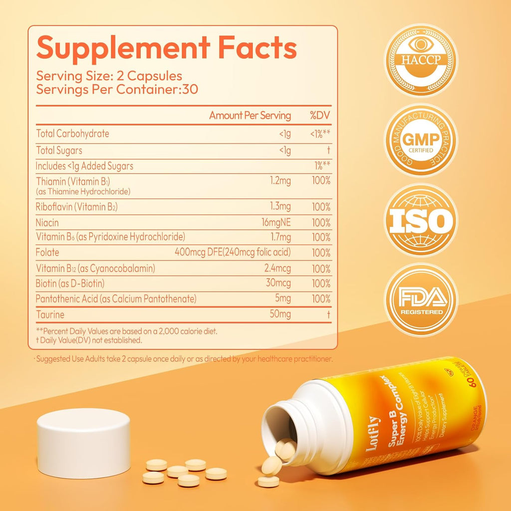 LOTFLY Complejo B Completo con Vitaminas B1-B12, Taurina y Naranja Sangre - 60 Comprimidos Masticables para Hombres y Mujeres