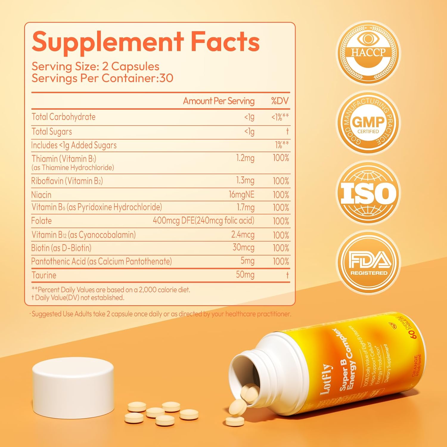 LOTFLY Complejo B Completo con Vitaminas B1-B12, Taurina y Naranja Sangre - 60 Comprimidos Masticables para Hombres y Mujeres
