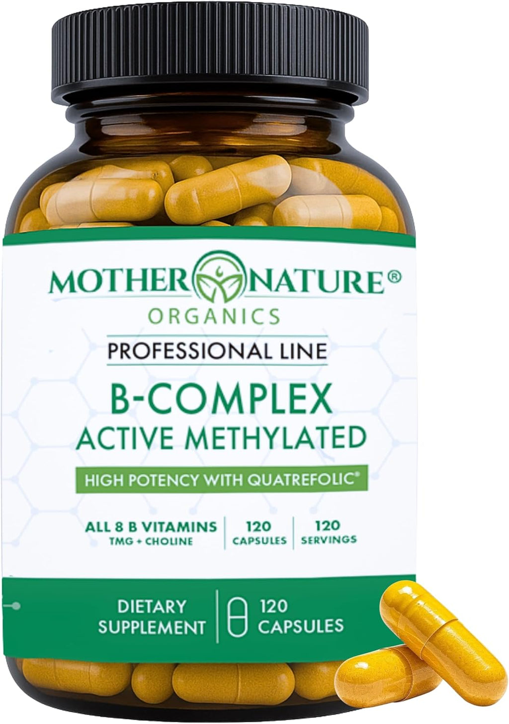 Mother Nature Organics Complejo B Metilado – Vitaminas B Bioactivas con Metil B12, Folato y Biotina – 120 Cápsulas, No-GMO, Sin Gluten