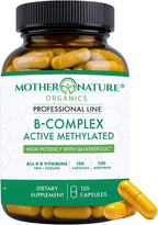 Mother Nature Organics Complejo B Metilado – Vitaminas B Bioactivas con Metil B12, Folato y Biotina – 120 Cápsulas, No-GMO, Sin Gluten