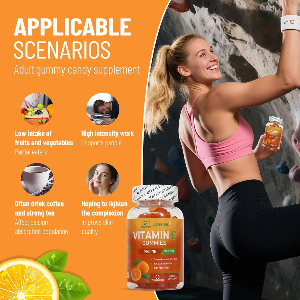 Vitamin C Gummies 250mg – 60 Gomitas con Sabor a Naranja para Adultos, Veganas, Sin Gluten