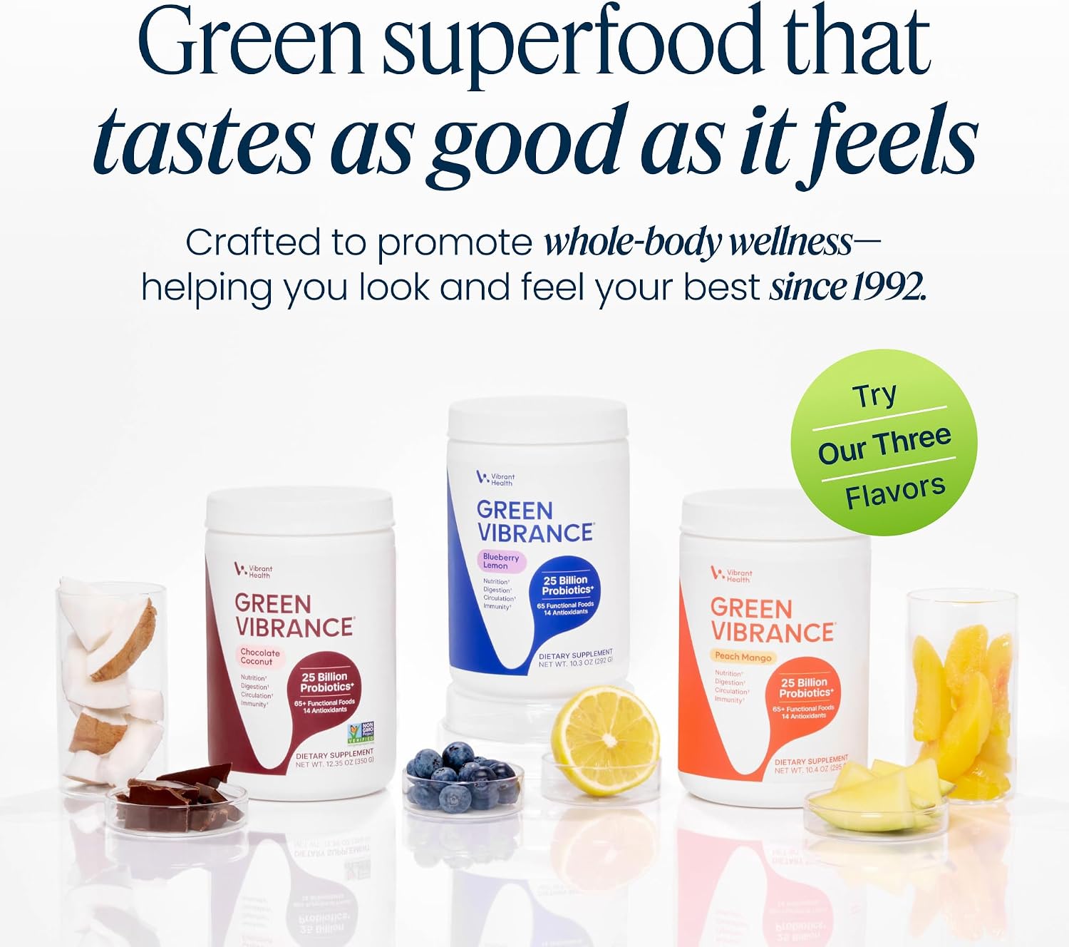 Vibrant Health Green Vibrance, Superfoods en Polvo con 70+ Superalimentos y 25 Mil Millones de Probióticos, Sabor Limón-Arándano, 25 Servicios