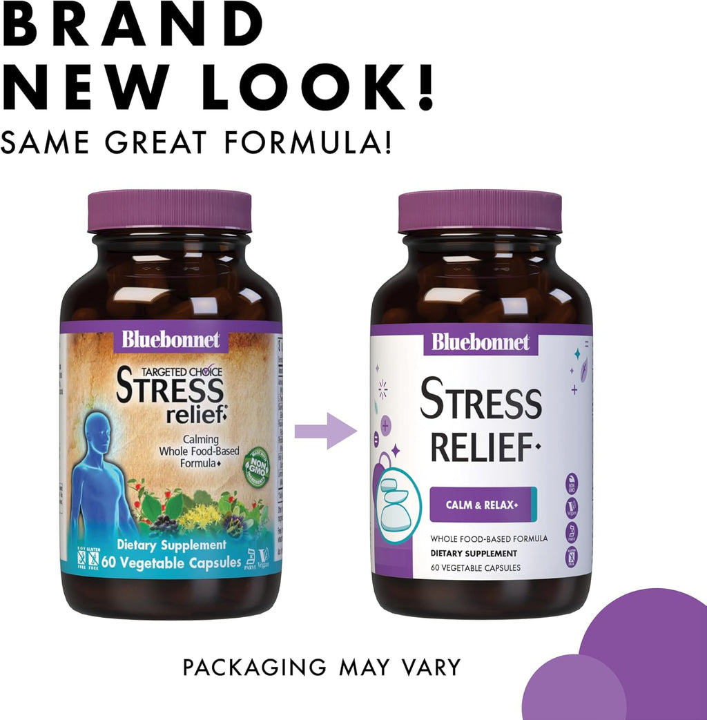 BlueBonnet Targeted Choice Stress Relief – Complemento Alimenticio con Ashwagandha, L-Teanina, Melisa y Rhodiola para el Estrés – 60 Cápsulas Vegetales