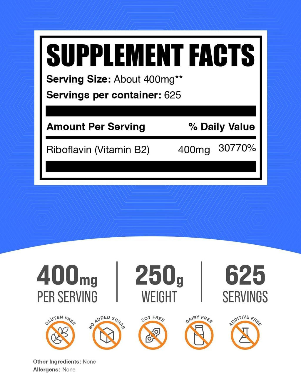 Riboflavin Powder - Vitamin B2, 400mg per Serving, 250g