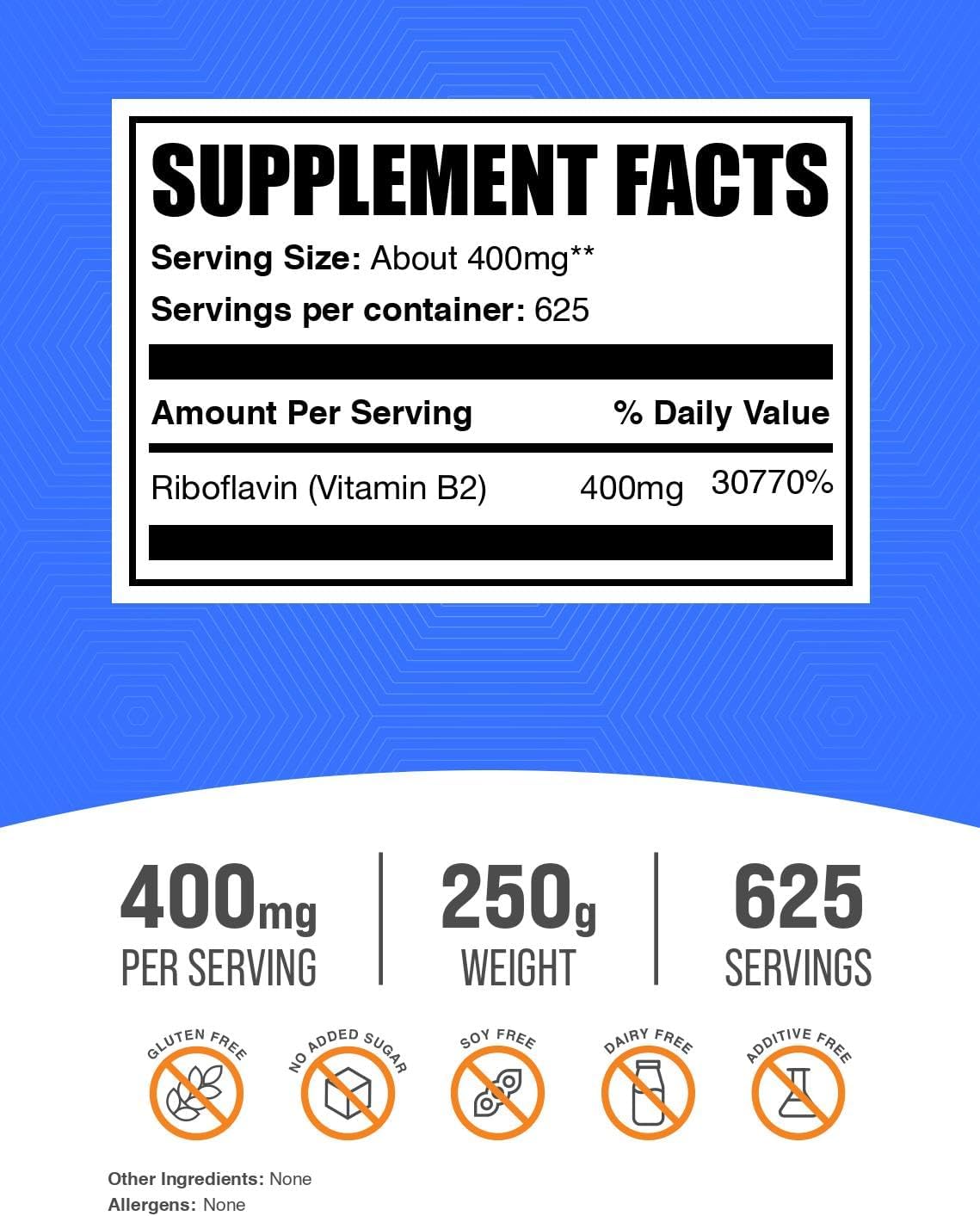 Riboflavin Powder - Vitamin B2, 400mg per Serving, 250g