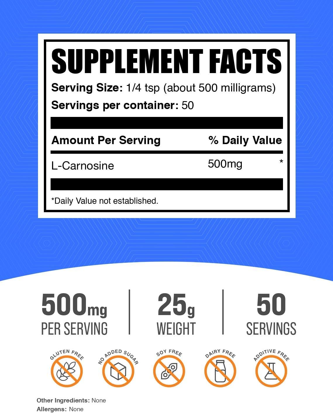 L-Carnosina en Polvo - 500mg por Porción, 25g (0.88 oz)
